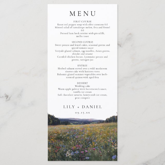 Menu Watercolor Wildflowers Floral Meadow Wedding (Frente)
