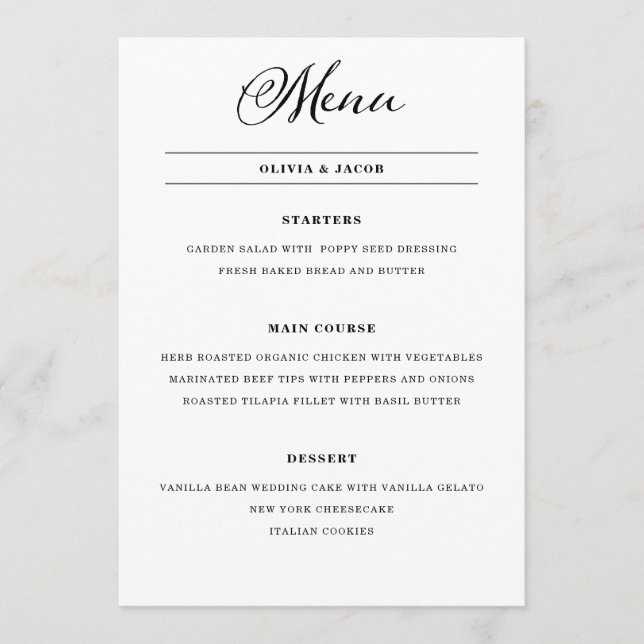 Menu Wedding Charm | Caligrafia negra e branca (Frente)