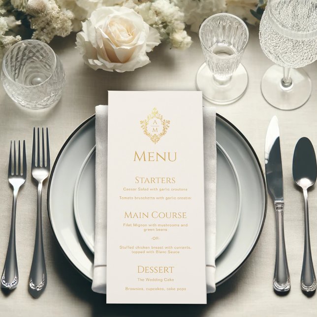 Menu Wedding Crest Gold Elegant Vintage Monogram Ivory (Criador carregado)