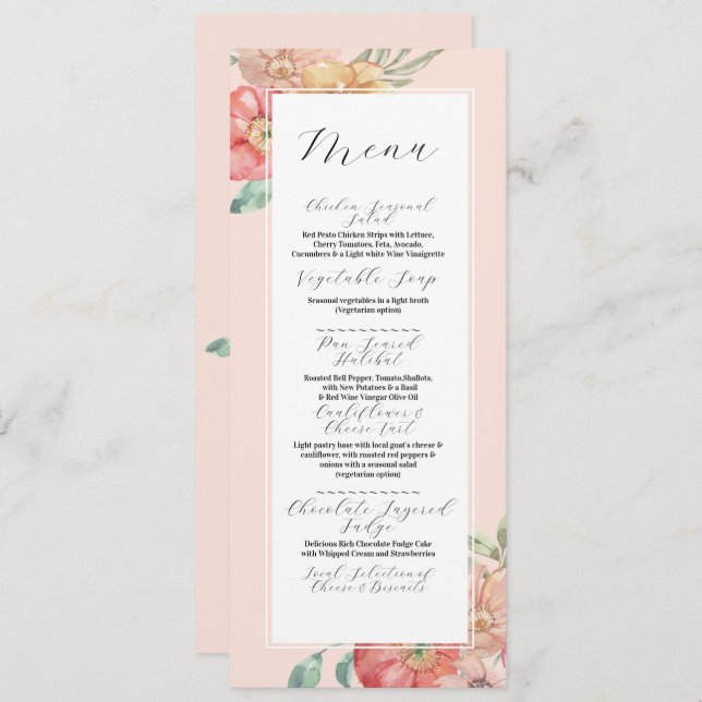 Menu Wedding Summer Florals Watercolor Recepção (Frente/Verso)