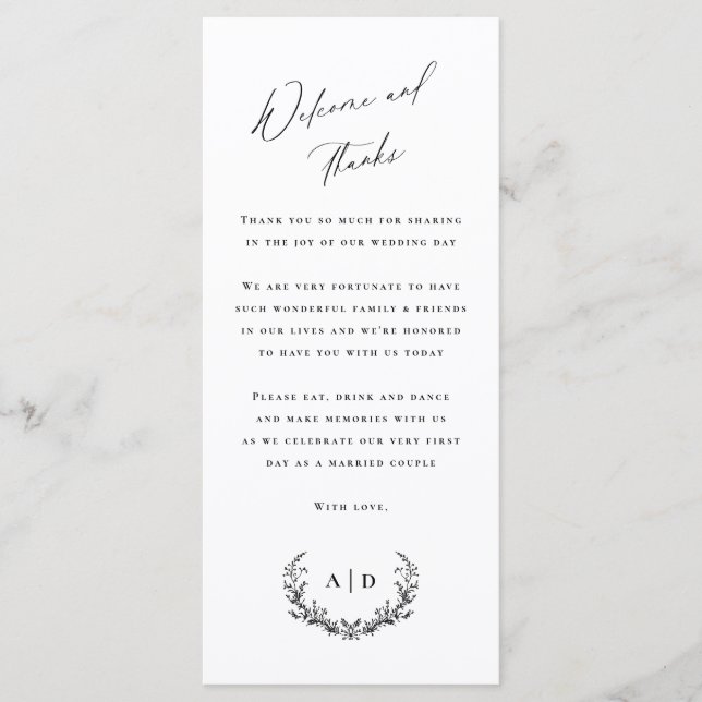 Menu Welcome and Thanks Wedding Day Guest Message Card (Frente)