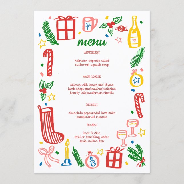 Menu Whimsical Christmas Holiday Party Cute Custom  (Frente)