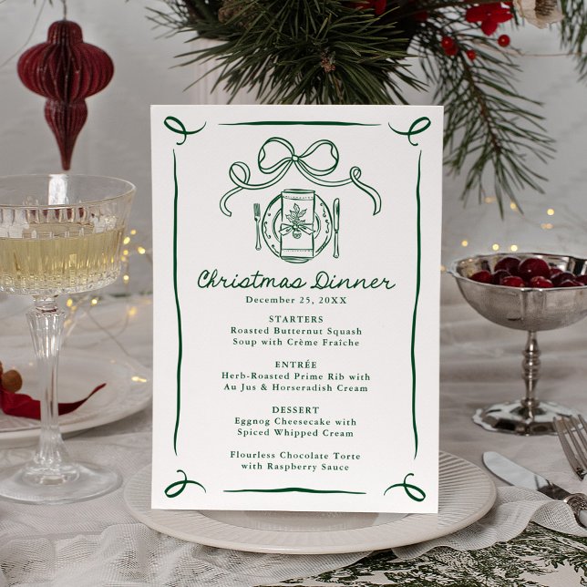 Menu Whimsical Hand-Drawn Green Bow Christmas Dinner (Criador carregado)