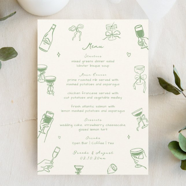 Menu Whimsical Quirky Hand Desenhou Casamento Verde (Criador carregado)