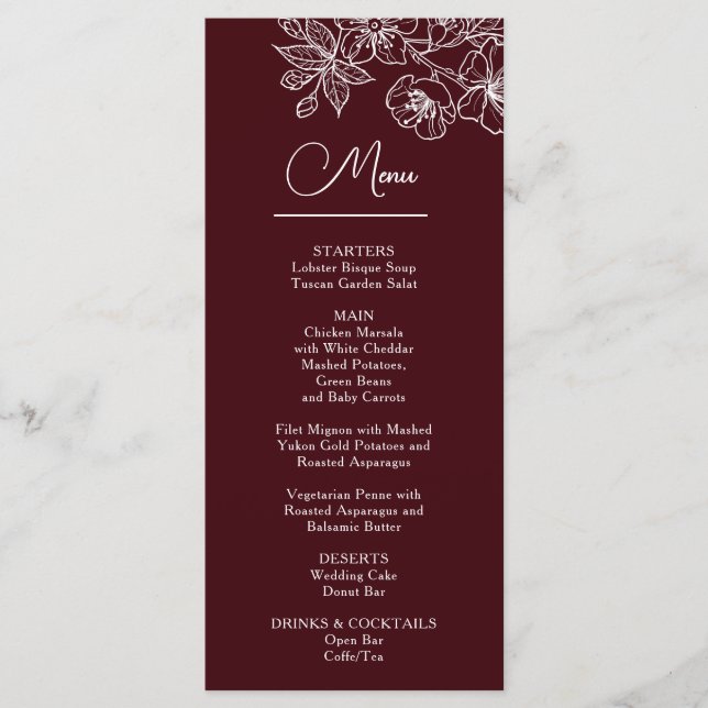 Menu White Line Art Flowers Deep Burgundy Wedding (Frente)