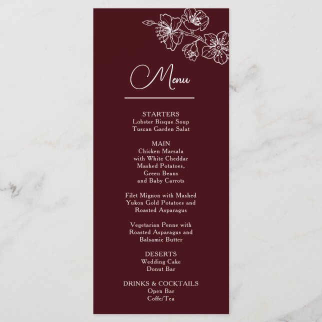 Menu White Line Art Flowers Deep Burgundy Wedding (Frente)