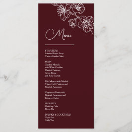Menu White Line Art Flowers Deep Burgundy Wedding