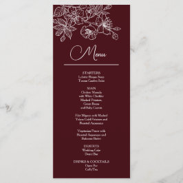 Menu White Line Art Flowers Deep Burgundy Wedding