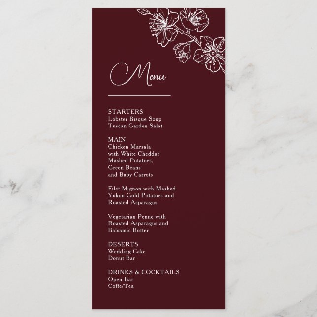 Menu White Line Art Flowers Deep Burgundy Wedding (Frente)
