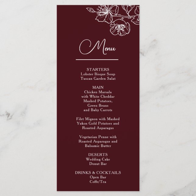 Menu White Line Art Flowers Deep Burgundy Wedding (Frente)