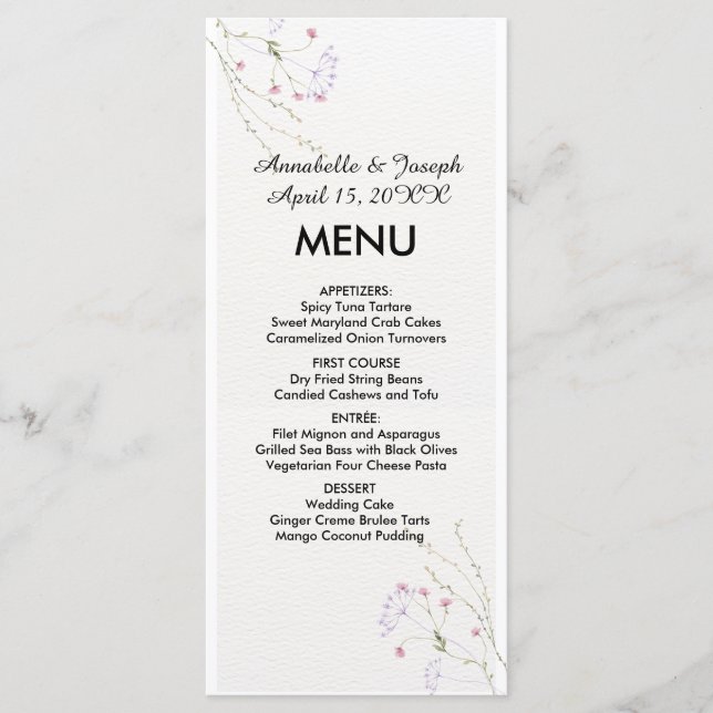 Menu White Minimalist watercolor flowers wedding (Frente)