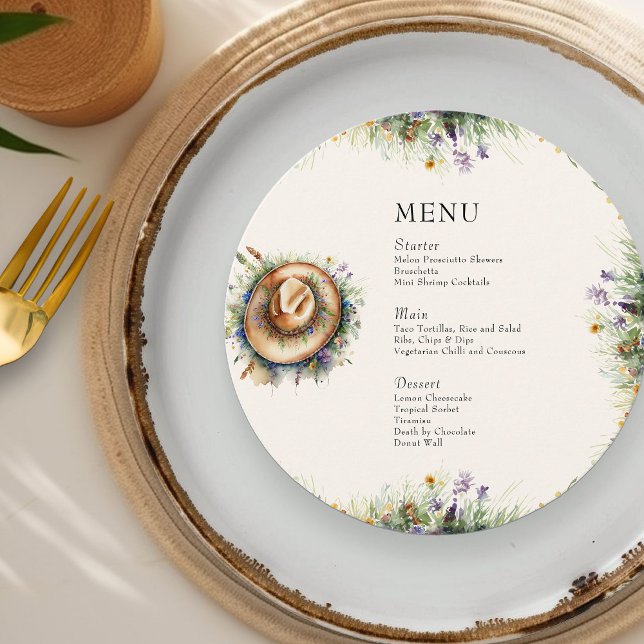 Menu Wildflower Cowgirl Hat Rustic Floral Quinceanera (Round Menu from my Wildflower Cowgirl Hat Quinceanera Collection
)