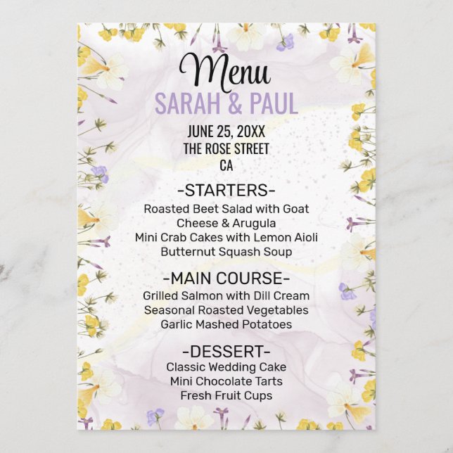 Menu Wildflower Lavender and Yellow Floral Wedding (Frente)