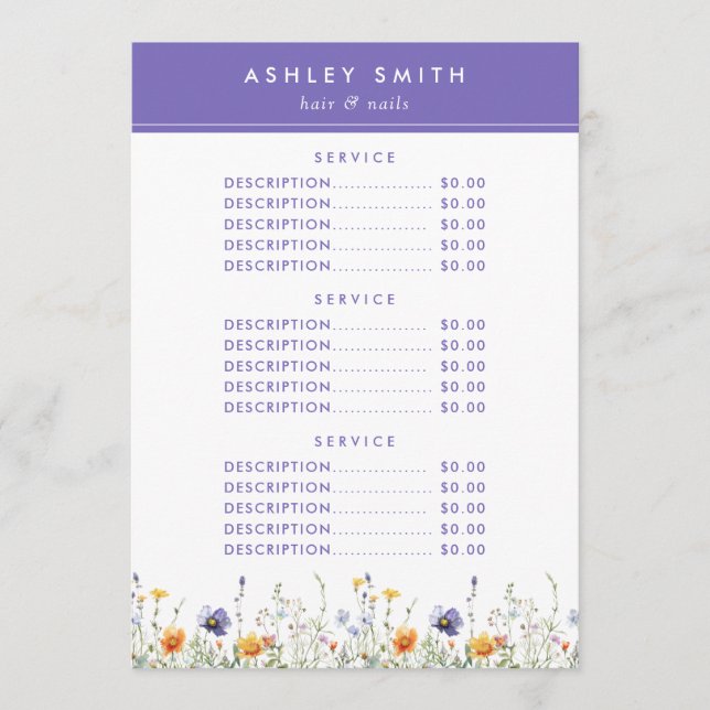 Menu Wildflower Price (Frente)