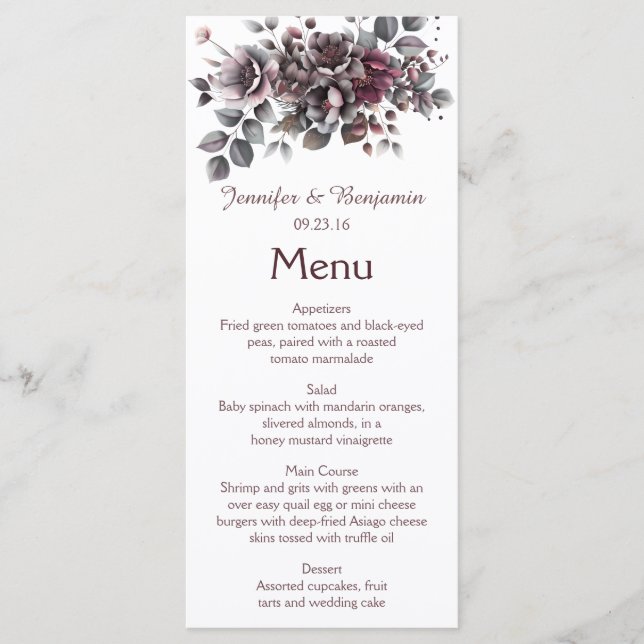 Menu Wine, Dusty Purple, Dark Teal Wedding | (Frente)