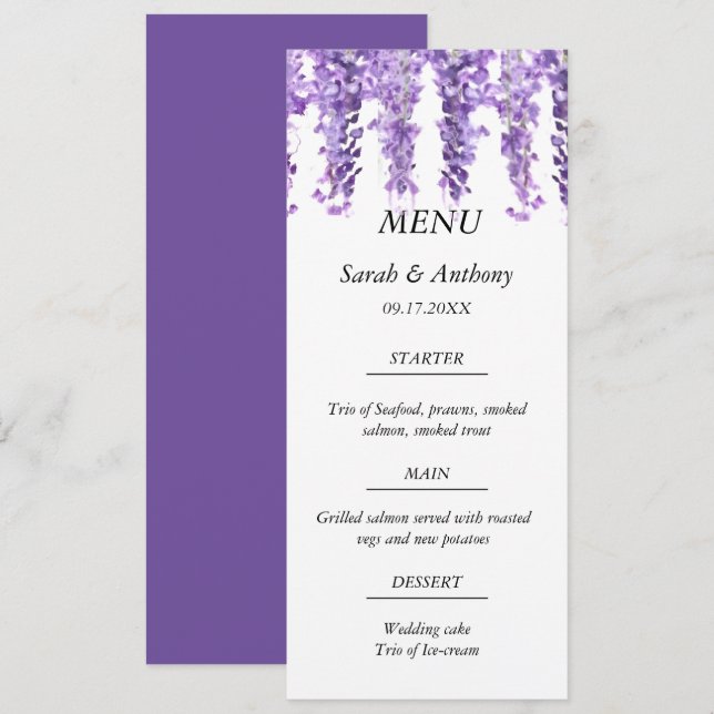 Menu Wisteria Purple Floral Watercolor Comida (Frente/Verso)