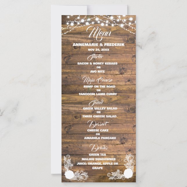 Menu Wood Rustic Lace Weding (Frente)
