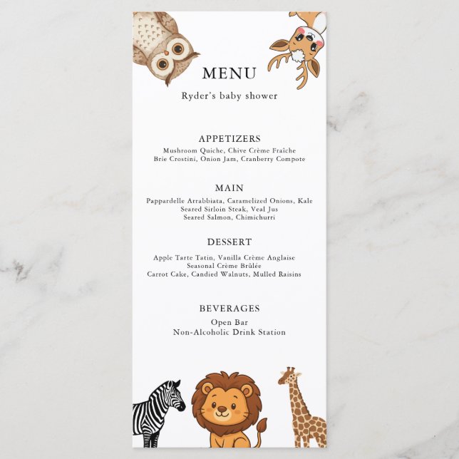 Menu Woodland Forest Animals Baby Shower (Frente)