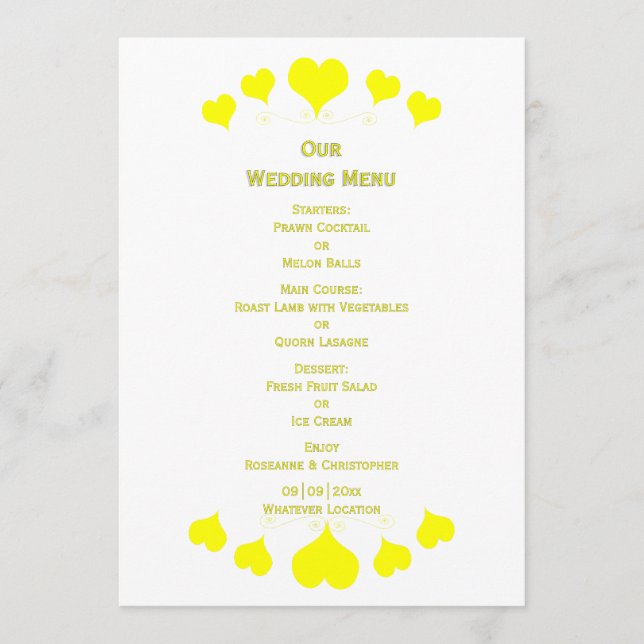 Menu Yellow Hearts Design Wedding (Frente)