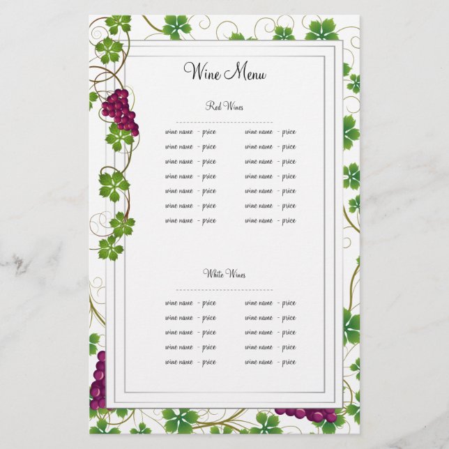 Menus da Lista de Vinhos de Vinho (Frente)