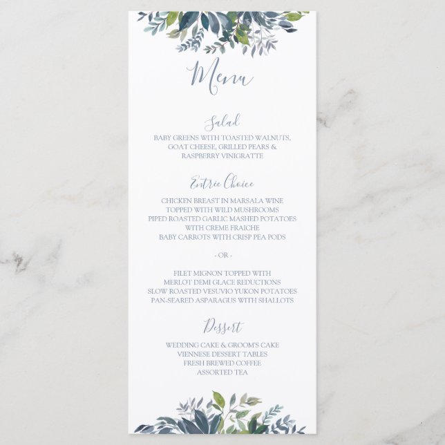 Menus de Casamento com Folhagem Pintada em Azul De (Frente)