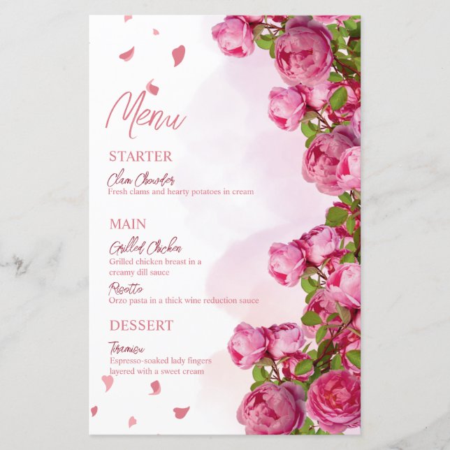 Menus de Casamento das Flores Elegantes Rosa (Frente)