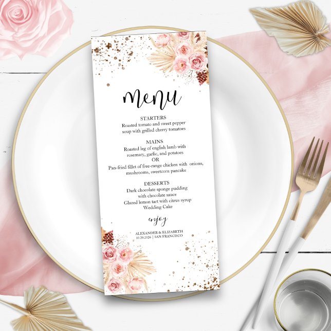 Menus de Casamento de Aquarela | Boho Floral Glitt (Criador carregado)