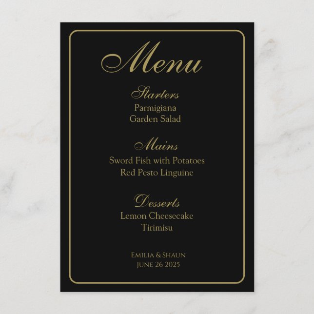 Menus de Casamento Dourado e Preto Elegante (Frente)