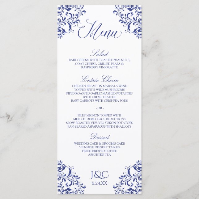 Menus de Casamento Elegante | Nadine (Royal Blue) (Frente)