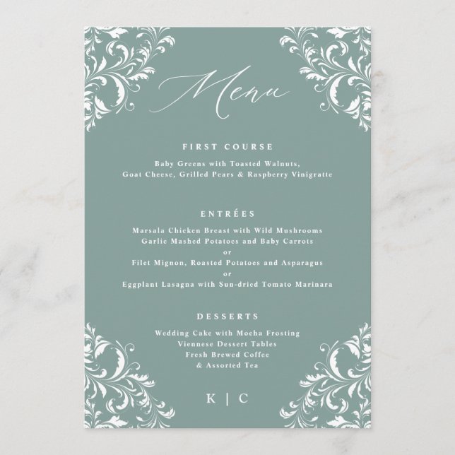 Menus de Casamento Elegantes em Verde Mar (Frente)