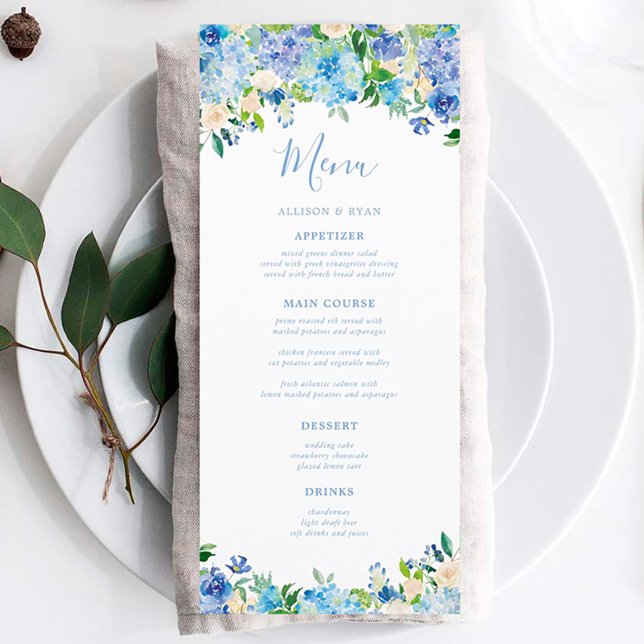 Menus de Casamento Floral Blue Hydrangea Summer (Criador carregado)