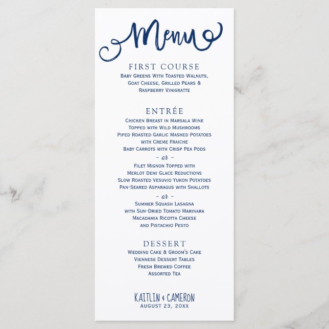 Menus de Casamento Modernos | Tipografia (Azul Mar (Frente)