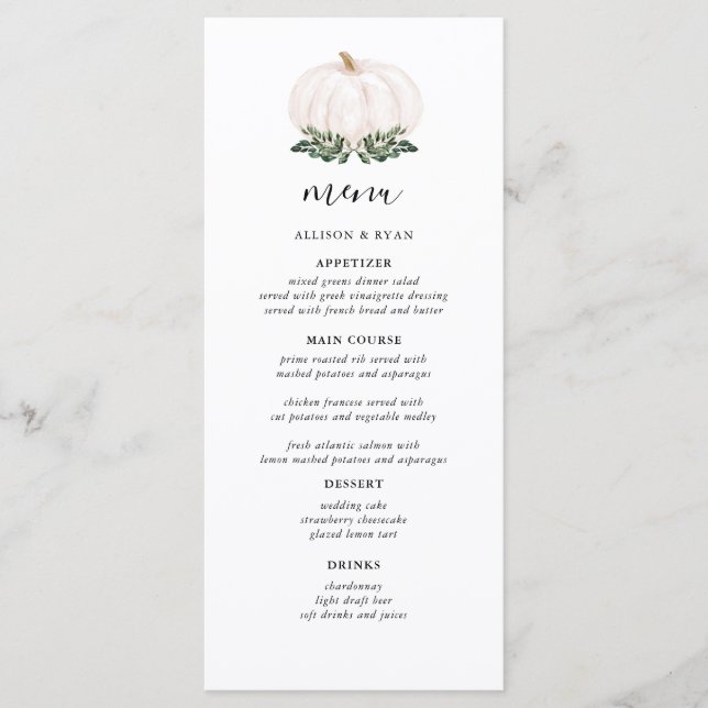 Menus de Casamento Rustic White Pumpkin (Frente)