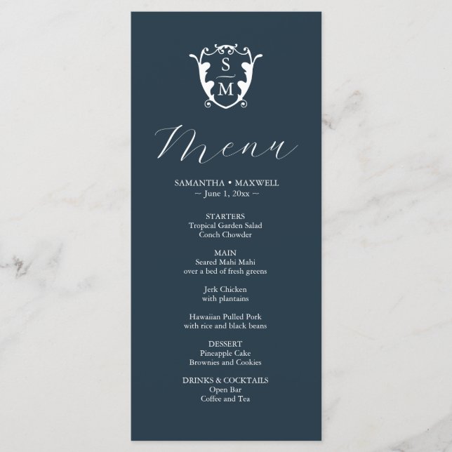Menus de Casamento Simples Monograma Crest Azul (Frente)
