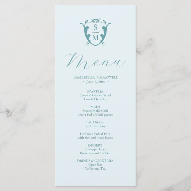 Menus de Casamento Simples Monograma Crest Azul (Frente)