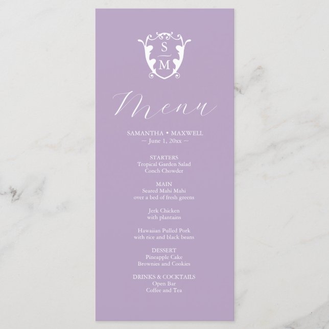 Menus de Casamento Simples Monograma Crest Lilac (Frente)