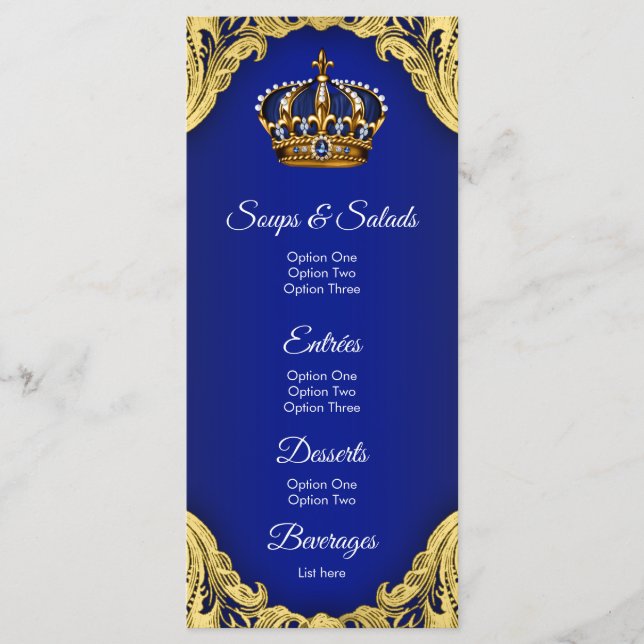 Menus de Chás de Bebê do Príncipe Blue Gold (Frente)