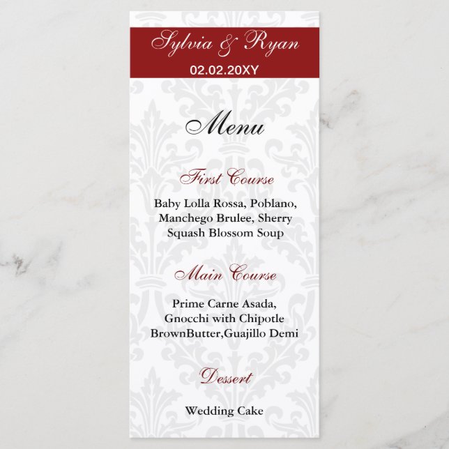 Menus do casamento tema damasco (Frente)