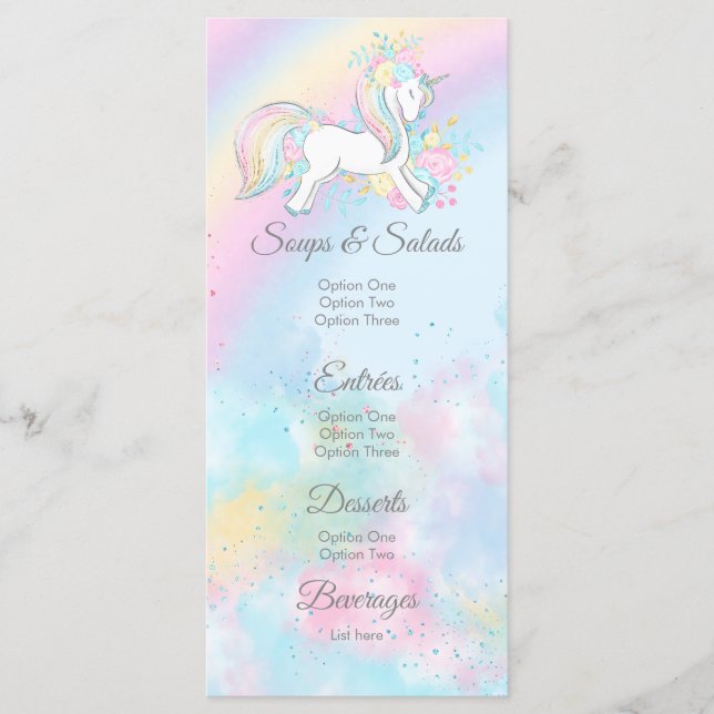 Menus do Chá de fraldas Pastel Unicorn (Frente)