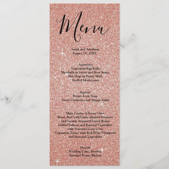 Menus do Menu de Casamento com Glitter rosa Dourad (Frente)