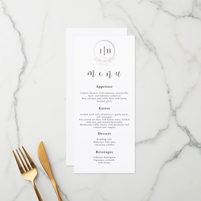 Menus mínimos de casamento branco e preto boêmico (Frente/Verso In Situ)