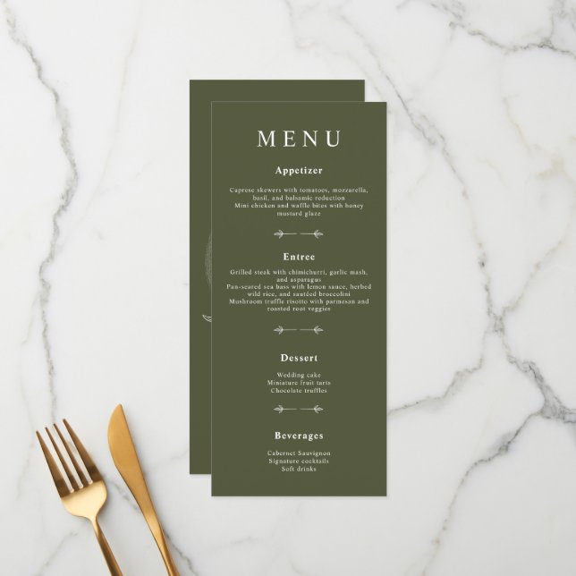 Menus mínimos de Casamento Verde-Olival-Boêmia (Frente/Verso In Situ)