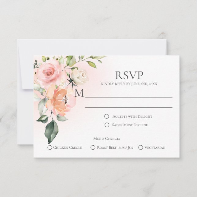 Menus Peach Pink White Roses Escolha Cartões RSVP (Frente)