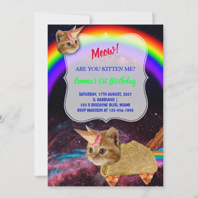 MEOW! Convite de festas espacial Kitten (Frente)