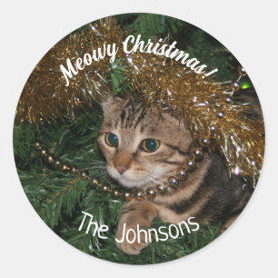 Meowy Natal Adesivo de Férias de Gato Redondo