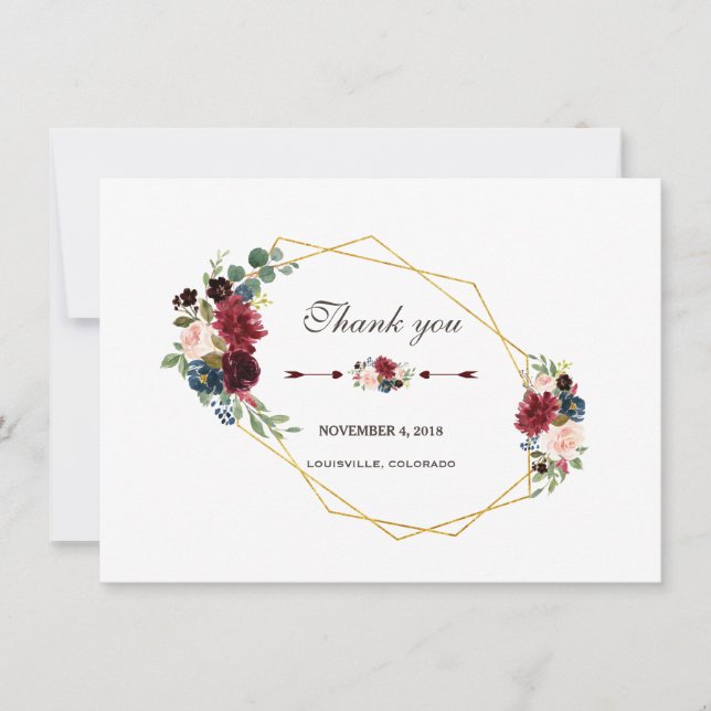 Merlot Azul Marinho Floral Dourado Agradecimento (Frente)