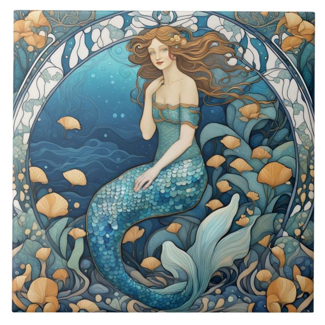 Mermaid Art Nouveau Aqua Blue Turquoise Art Deco (Frente)