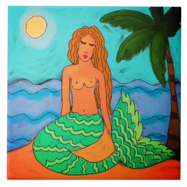 Mermaid e Palm Tree Abstrato Art (Frente)