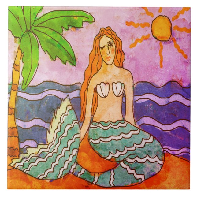 Mermaid e Palm Tree Abstrato Art (Frente)