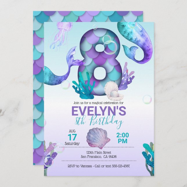 Mermaid Tail Smermaid Convite para 8.º Aniversário (Frente/Verso)